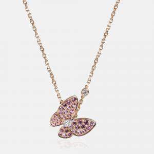 Van Cleef & Arpels Two Butterfly 18K Rose Gold with Pink Sapphires and Diamonds Pendant Necklace 