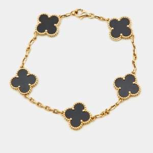 Van Cleef & Arpels Vintage Alhambra Onyx 18k Yellow Gold 5 Motif Station Bracelet