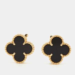 Van Cleef & Arpels Vintage Alhambra Onyx 18k Yellow Gold Earrings