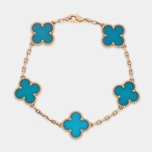 Pre Owned Van Cleef & Arpels Vintage Alhambra Agate 18k Yellow Gold 5 Motif Station Bracelet