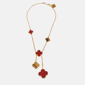 Pre Owned Van Cleef & Arpels Magic Alhambra Carnelian Tiger's Eye 18k Yellow Gold Necklace