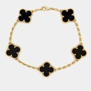 مملوكة مسبقًا Van Cleef & Arpels Vintage Alhambra Onyx 18k Yellow Gold 5 Motif Station Bracelet