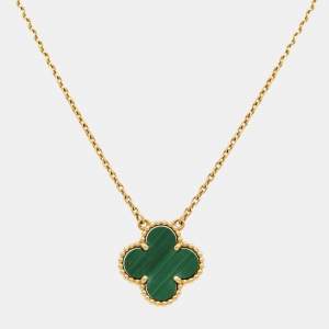 Pre Owned Van Cleef & Arpels Vintage Alhambra Malachite 18k Yellow Gold Necklace