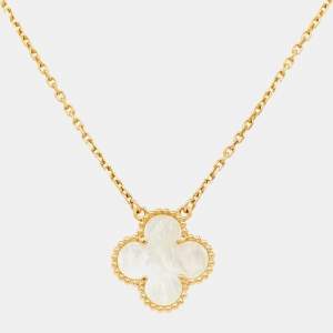 Pre Owned Van Cleef & Arpels Vintage Alhambra Mother of Pearl 18k Yellow Gold Necklace