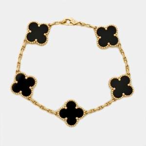 Pre Owned Van Cleef & Arpels Vintage Alhambra Onyx 18k Yellow Gold 5 Motif Station Bracelet