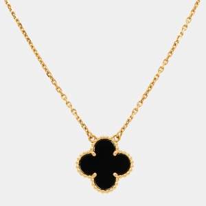 Pre Owned Van Cleef & Arpels Vintage Alhambra Onyx 18k Yellow Gold Pendant Necklace