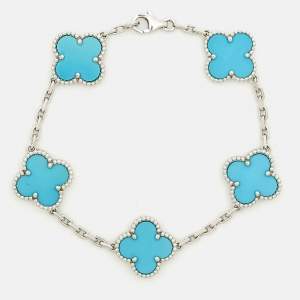 مملوكة مسبقًا Van Cleef & Arpels Vintage Turquoise 18k White Gold 5 Motif Station Bracelet