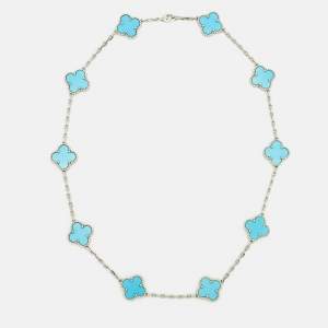Pre Owned Van Cleef & Arpels Vintage Alhambra Turquoise 18k White Gold 10 Motifs Station Necklace