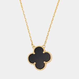 Pre Owned Van Cleef & Arpels Vintage Alhambra Onyx 18K Yellow Gold Pendant Necklace