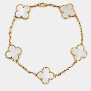 مملوكة مسبقًا Van Cleef & Arpels Vintage Alhambra Mother of Pearl 18k Yellow Gold 5 Motif Station Bracelet