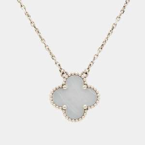 Pre Owned Van Cleef & Arpels Vintage Alhambra Chalcedony 18k White Gold Pendant Necklace