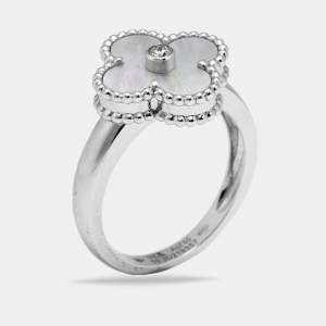 مملوكة مسبقًا Van Cleef & Arpels Vintage Alhambra Diamond Mother of Pearl 18k White Gold Ring