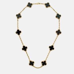 Pre Owned Van Cleef & Arpels Vintage Alhambra Onyx 18k Yellow Gold 10 Motif Necklace