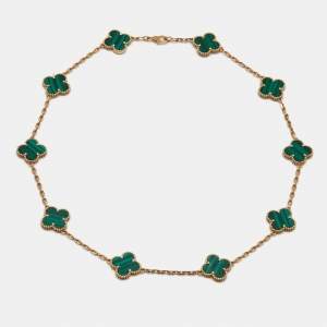 Pre Owned Van Cleef & Arpels Vintage Alhambra Malachite 18k Yellow Gold 10 Motif Necklace