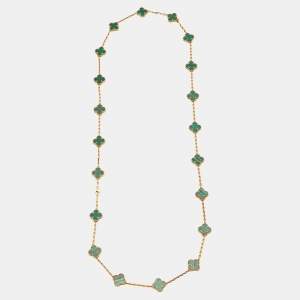 مملوكة مسبقًا Van Cleef & Arpels Vintage Alhambra Malachite 18k Yellow Gold 20 Motif Long Necklace