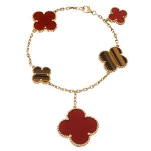 Pre Owned Van Cleef & Arpels Magic Alhambra 5 Motifs Carnelian Tiger's Eye 18K Yellow Gold Station Bracelet