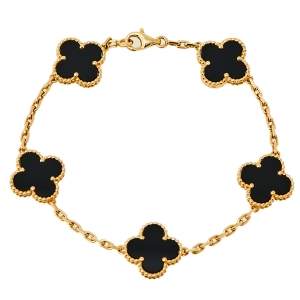 Pre Owned Van Cleef & Arpels Vintage Alhambra Onyx 18K Yellow Gold 5 Motifs Bracelet