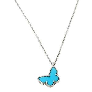 Pre Owned Van Cleef & Arpels Sweet Alhambra 18K White Gold Turquoise Butterfly Pendant Necklace
