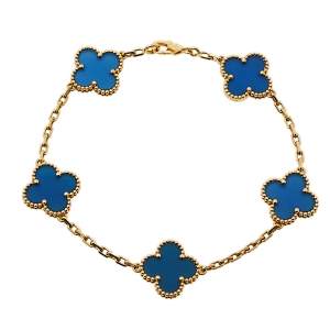 Pre Owned Van Cleef & Arpels Vintage Alhambra 5 Motif Blue Agate 18K Yellow Gold Station Bracelet