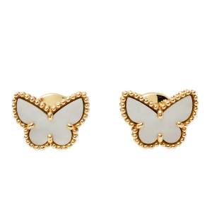 Pre Owned Van Cleef & Arpels Sweet Alhambra Butterfly Mother of Pearl 18K Yellow Gold Stud Earrings