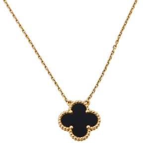 Pre Owned Van Cleef & Arpels Vintage Alhambra Onyx 18K Yellow Gold Pendant Necklace 