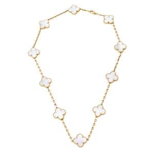 Pre Owned Van Cleef & Arpels Vintage Alhambra Mother of Pearl 18K Yellow Gold 10 Motif Station Necklace
