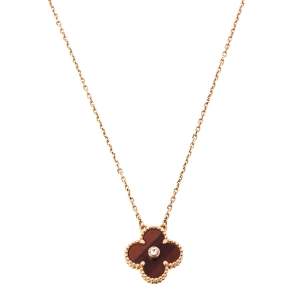 Pre Owned Van Cleef & Arpels Vintage Alhambra 18K Rose Gold Diamond Tiger's Eye Pendant Necklace