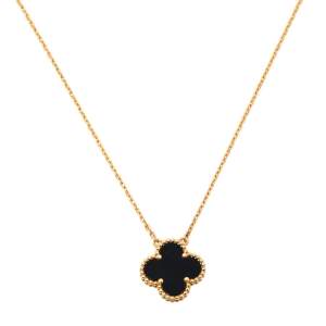 Pre Owned Van Cleef & Arpels Vintage Alhambra Onyx 18k Yellow Gold Pendant Necklace 