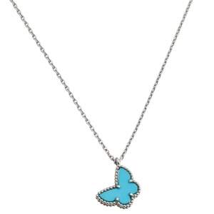 Pre Owned Van Cleef & Arpels Sweet Alhambra Turquoise Butterfly 18K White Gold Pendant Necklace