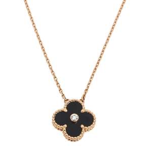 Pre Owned Van Cleef & Arpels Vintage Alhambra Onyx Diamond 18K Rose Gold Pendant Necklace