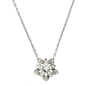 Van Cleef & Arpels Lotus Diamond 18k White Gold Openwork Mini Model Pendant Necklace 