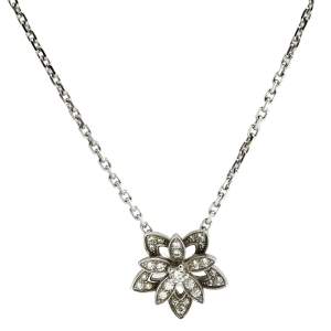 Van Cleef & Arpels Lotus Diamond 18k White Gold Openwork Mini Model Pendant Necklace 