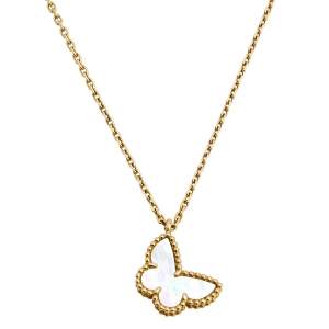 Pre Owned Van Cleef and Arpels Sweet Alhambra Butterfly Mother of Pearl & 18k Yellow Gold Pendant Necklace