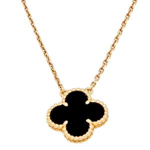 Pre Owned Van Cleef & Arpels Vintage Alhambra Onyx 18k Yellow Gold Necklace