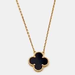Pre Owned Van Cleef & Arpels Vintage Alhambra Onyx 18k Yellow Gold Necklace
