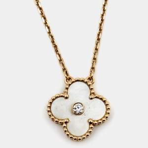 Pre Owned Van Cleef & Arpels Vintage Alhambra Diamond Mother of Pearl 18k Rose Gold Necklace