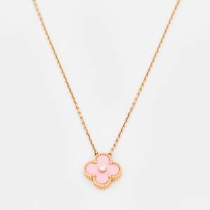 Pre Owned Van Cleef & Arpels Vintage Alhambra Diamond Pink Inlay 18K Rose Gold Pendant Necklace
