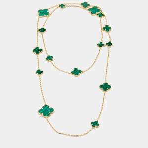 Pre Owned Van Cleef & Arpels Magic Alhambra Malachite 18k Yellow Gold 16 Motif Long Necklace