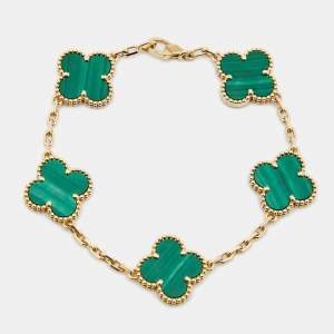Pre Owned Van Cleef & Arpels Vintage Alhambra  Malachite 18k Yellow Gold 5 Motif Station Bracelet