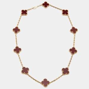 Pre Owned Van Cleef & Arpels Vintage Alhambra Carnelian 18k Yellow Gold 10 Motif Station Necklace