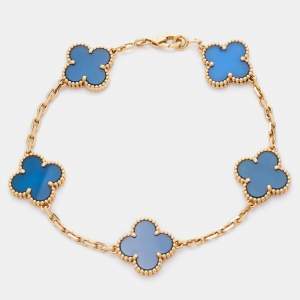 Van Cleef & Arpels Vintage Alhambra 5-Motif Agate 18k Yellow Gold Bracelet