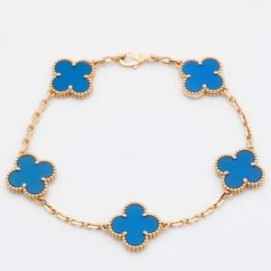 Pre Owned Van Cleef & Arpels Vintage Alhambra Agate 18k Yellow Gold 5 Motif Station Bracelet