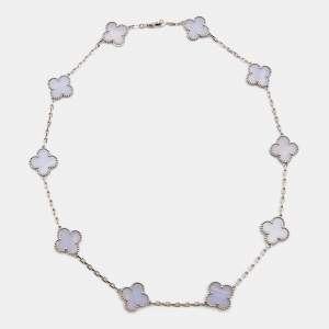 Pre Owned Van Cleef & Arpels Vintage Alhambra Chalcedony 18K White Gold 10 Motif Station Necklace
