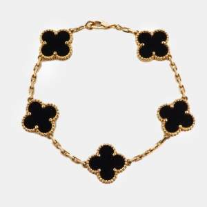 مملوكة مسبقًا Van Cleef & Arpels Vintage Alhambra Onyx 18k Yellow Gold 5 Motif Station Bracelet