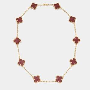 Pre Owned Van Cleef & Arpels Vintage Alhambra Carnelian 18k Yellow Gold Necklace