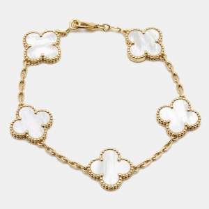 Van Cleef & Arpels Vintage Alhambra Mother of Pearl 18k Yellow Gold 5 Motif Station Bracelet