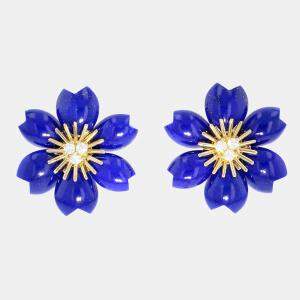 Van Cleef & Arpels Rose De Noel 18K Yellow Gold Diamond Lapis Lazuli Earrings