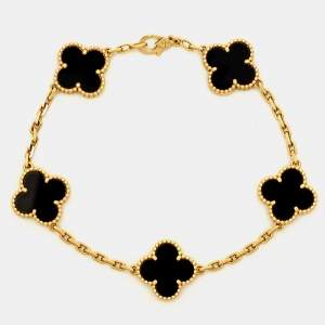 Van Cleef & Arpels Vintage Alhambra Onyx 18k Yellow Gold 5 Motif Station Bracelet