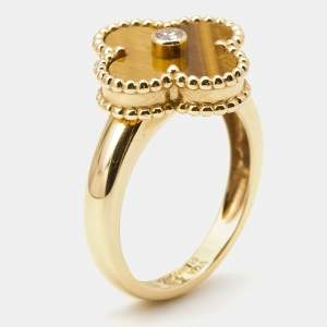 Pre Owned Van Cleef & Arpels Vintage Alhambra Tiger's Eye Diamond 18k Yellow Gold Ring Size 51