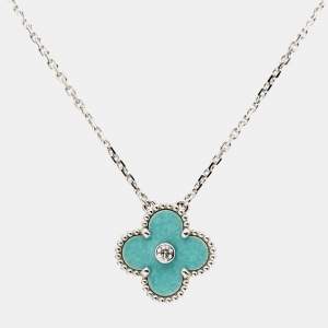 Pre Owned Van Cleef & Arpels Vintage Alhambra Limited Edition Holiday 2022 Celadon Sevres Porcelain  Diamond 18k White Gold Necklace